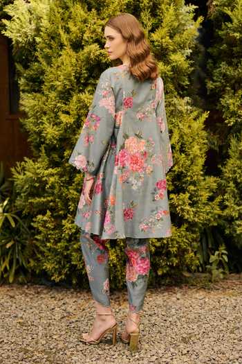 Shop_Ridhi Mehra_Blue Chanderi Split V-neck, Yes Floral Print Kurta And Dhoti Pant Set _at_Aza_Fashions