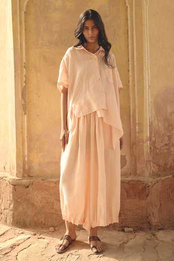 Buy_Shop Nirvanaa_Peach Linen Button-down Neck Amara Asymmetric Shirt _Online_at_Aza_Fashions