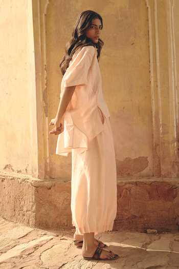 Shop_Shop Nirvanaa_Peach Linen Button-down Neck Amara Asymmetric Shirt _Online_at_Aza_Fashions