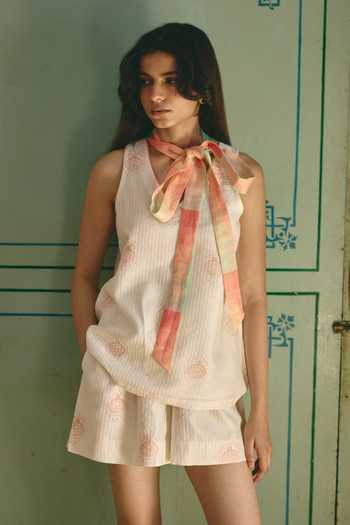 Buy_Shop Nirvanaa_Ivory Cotton, Chanderi, Linen V-neck Nia V Top _at_Aza_Fashions