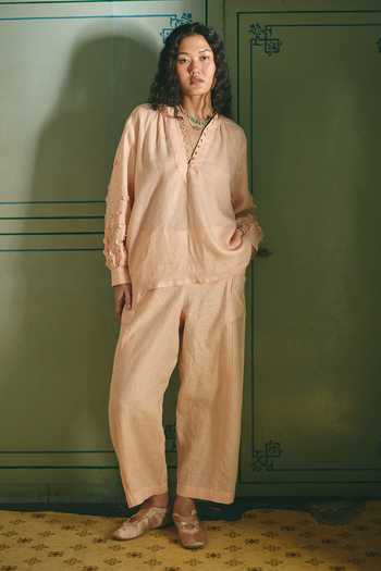 Shop Nirvanaa_Peach Linen Mandarin Collar Mira Top _Online_at_Aza_Fashions