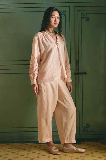 Shop_Shop Nirvanaa_Peach Linen Mandarin Collar Mira Top _at_Aza_Fashions