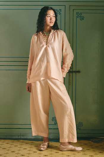 Buy_Shop Nirvanaa_Peach Linen Mandarin Collar Mira Top _Online_at_Aza_Fashions