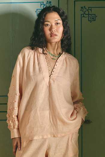 Buy_Shop Nirvanaa_Peach Linen Mandarin Collar Mira Top _at_Aza_Fashions