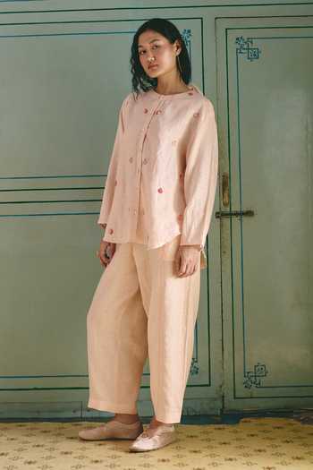 Buy_Shop Nirvanaa_Peach Linen Round Neck Masie Anar Embroidered Shirt And Pant Set _at_Aza_Fashions