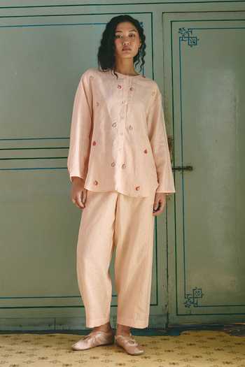 Shop_Shop Nirvanaa_Peach Linen Round Neck Masie Anar Embroidered Shirt And Pant Set _at_Aza_Fashions