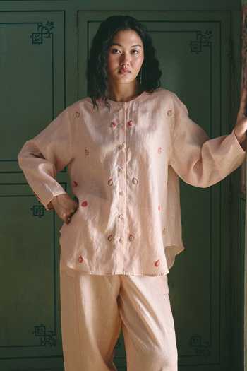 Shop_Shop Nirvanaa_Peach Linen Round Neck Masie Anar Embroidered Shirt And Pant Set _Online_at_Aza_Fashions