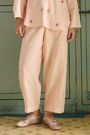 Shop Nirvanaa_Peach Linen Round Neck Masie Anar Embroidered Shirt And Pant Set _at_Aza_Fashions