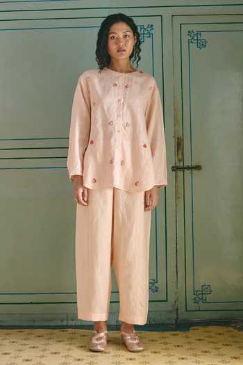 Shop_Shop Nirvanaa_Peach Linen Round Neck Masie Anar Embroidered Shirt _at_Aza_Fashions