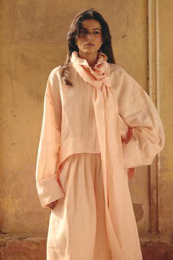 Buy_Shop Nirvanaa_Peach Linen Rumi Tie-up Shirt _at_Aza_Fashions