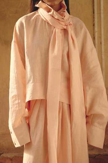Shop Nirvanaa_Peach Linen Rumi Tie-up Shirt _Online_at_Aza_Fashions