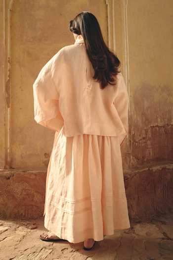 Shop_Shop Nirvanaa_Peach Linen Rumi Tie-up Shirt _at_Aza_Fashions