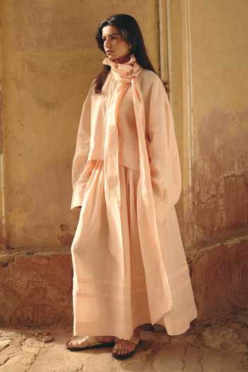 Buy_Shop Nirvanaa_Peach Linen Rumi Tie-up Shirt _Online_at_Aza_Fashions