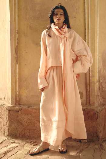 Shop_Shop Nirvanaa_Peach Linen Rumi Tie-up Shirt _Online_at_Aza_Fashions