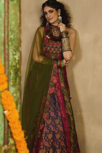 Shop_Reeti Arneja_Multi Color Handloom Cotton, Silk, Ruh Rang Brocade Floral Woven Lehenga Set _at_Aza_Fashions