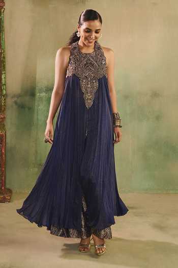 Shop_Reeti Arneja - Theklub_Blue Handloom Cotton, Silk Begum Midnight Maroon Mughal _at_Aza_Fashions