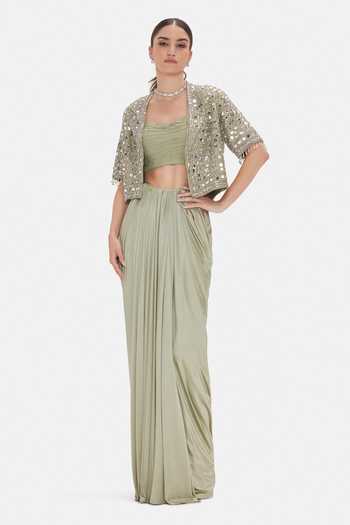 Shop_Basanti Kapde aur Koffee_Green Silk, Dupion Sequins, Beads, Pearls, Willow Jacket And Draped Skirt Set _at_Aza_Fashions