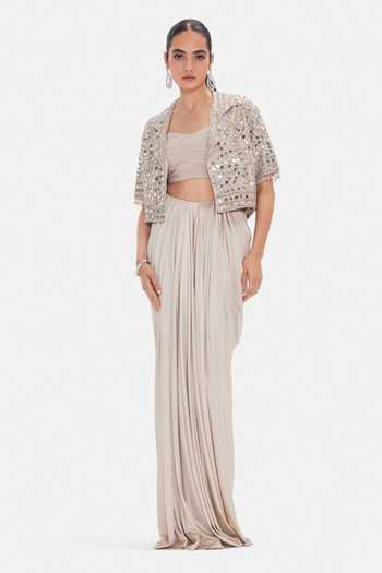 Shop_Basanti Kapde aur Koffee_Beige Silk, Dupion Sequins, Beads, Ethereal Waves Jacket And Draped Skirt Set _at_Aza_Fashions