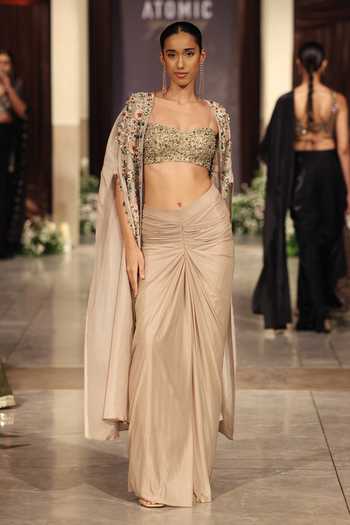 Shop_Basanti Kapde aur Koffee_Gold Silk, Lycra Sequins, Stones, Cut Work Embellished Cape And Skirt Set _at_Aza_Fashions