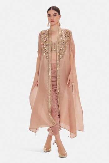 Shop_Basanti Kapde aur Koffee_Gold Tissue, Lycra Embroidery, Sequins, The Regal Symphony Cape And Dhoti Pant Set _at_Aza_Fashions