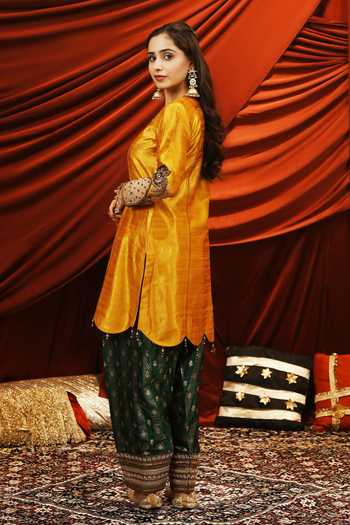 Shop_Nikunj By Niidhi Bajaj_Mustard Silk, Tissue V-neck Seerat Embroidered Kurta Salwar Set _at_Aza_Fashions