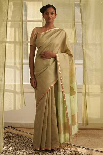 Buy_Five Point Five_Green Tussar Amoha Mashru Pallu Saree With Running Blouse _at_Aza_Fashions