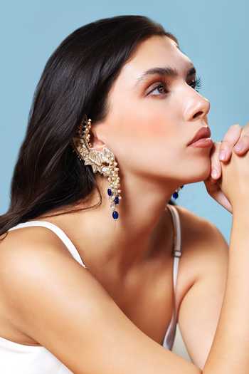 Shop_Krutiarts_Gold Plated Shivranjani Lotus Motif Embroidered Earcuffs _Online_at_Aza_Fashions