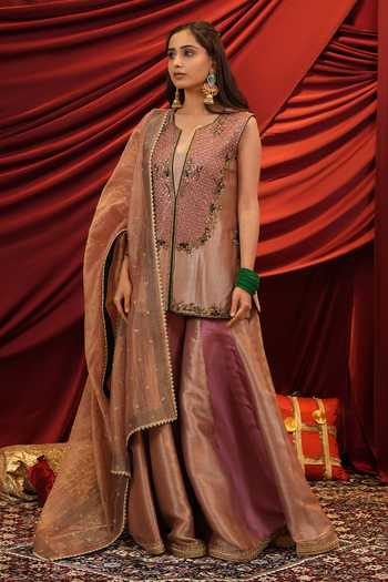 Buy_Nikunj By Niidhi Bajaj_Rose Gold Silk, Tissue V-neck, Yes Rooh Embroidered Kurta Sharara Set _at_Aza_Fashions
