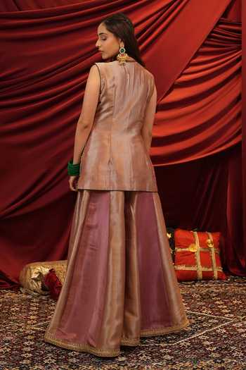 Shop_Nikunj By Niidhi Bajaj_Rose Gold Silk, Tissue V-neck, Yes Rooh Embroidered Kurta Sharara Set _at_Aza_Fashions