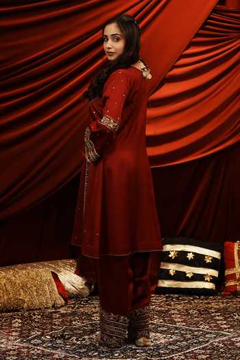 Shop_Nikunj By Niidhi Bajaj_Red Silk, Tissue V-neck Nimrat Embroidered Kurta Salwar Set _at_Aza_Fashions