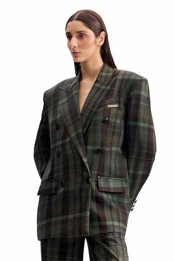 Buy_Cilvr_Green Viscose, Polyester Distorted Plaid Power Blazer _at_Aza_Fashions