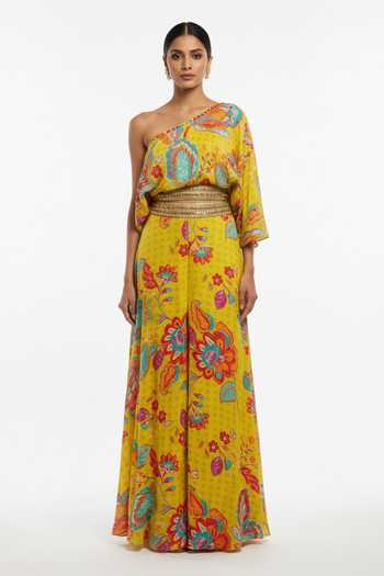 Shop_Basanti Kapde aur Koffee_Yellow Crepe One Shoulder Printed Bustier And Sharara Set _at_Aza_Fashions