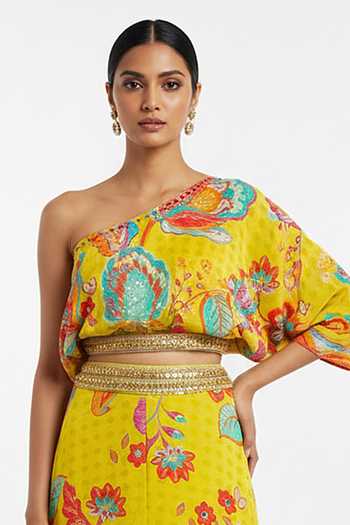 Basanti Kapde aur Koffee_Yellow Crepe One Shoulder Printed Bustier And Sharara Set _Online_at_Aza_Fashions