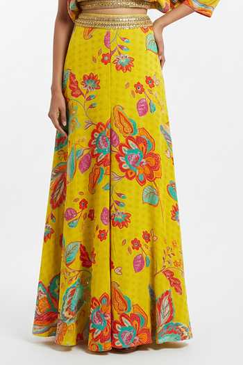 Buy_Basanti Kapde aur Koffee_Yellow Crepe One Shoulder Printed Bustier And Sharara Set _Online_at_Aza_Fashions