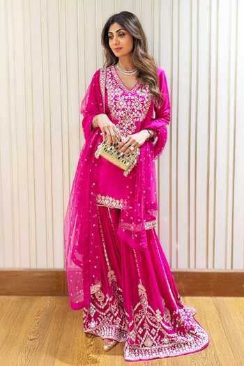 Shop_Gopi Vaid_Pink Tussar, Georgette, Net V-neck, Yes Ekantika Embroidered Kurta Sharara Set _at_Aza_Fashions