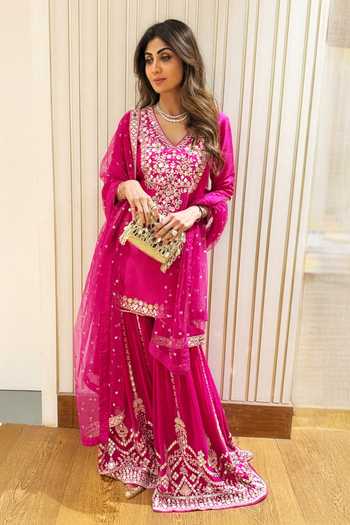 Buy_Gopi Vaid_Pink Tussar, Georgette, Net V-neck, Yes Ekantika Embroidered Kurta Sharara Set _Online_at_Aza_Fashions