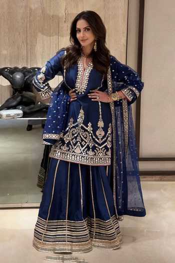 Shop_Gopi Vaid_Blue Georgette, Tussar, Silk V-neck, Yes Preesha Embroidered Kurta Sharara Set _Online_at_Aza_Fashions