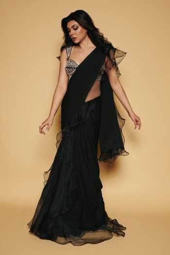 Buy_Gopi Vaid_Black Chiffon, Tussar Sweetheart Neck Ruffle Saree With Embellished Blouse _at_Aza_Fashions