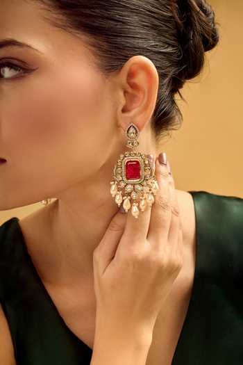 Buy_Nazaakat By Samara Singh_Red Stones, Pearls And Gold Dangler Earrings _Online_at_Aza_Fashions