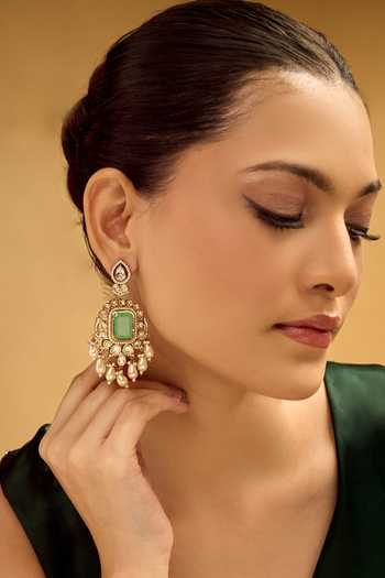 Nazaakat By Samara Singh_Mint Stones, Pearls And Gold Dangler Earrings _at_Aza_Fashions