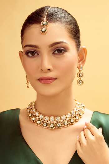Buy_Nazaakat By Samara Singh_Green Imitation Diamonds And Gold Brass Jewelry Set_at_Aza_Fashions