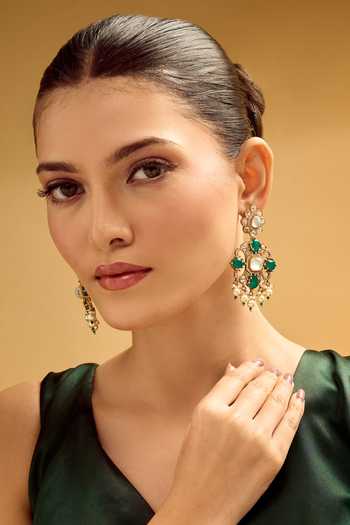 Shop_Nazaakat By Samara Singh_Gold Plated Stones, Pearls And Green Dangler Earrings _Online_at_Aza_Fashions