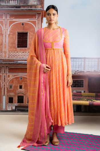 Buy_BAISE GABA_Pink Chiffon, Muslin Crew Neck, Roopsa Embellished Koti Jacket And Anarkali Set _at_Aza_Fashions