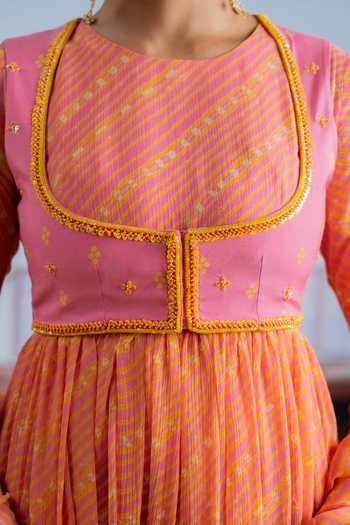 Shop_BAISE GABA_Pink Chiffon, Muslin Crew Neck, Roopsa Embellished Koti Jacket And Anarkali Set _Online_at_Aza_Fashions