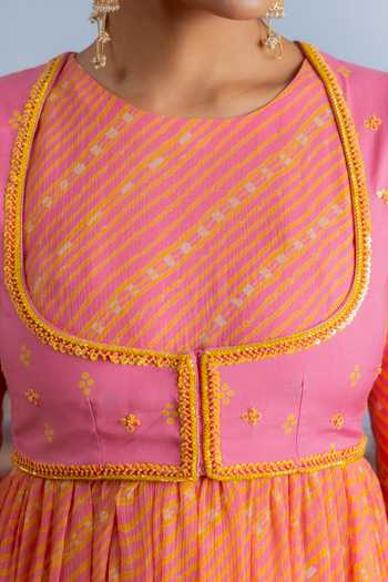 BAISE GABA_Pink Chiffon, Muslin Crew Neck, Roopsa Embellished Koti Jacket And Anarkali Set _at_Aza_Fashions