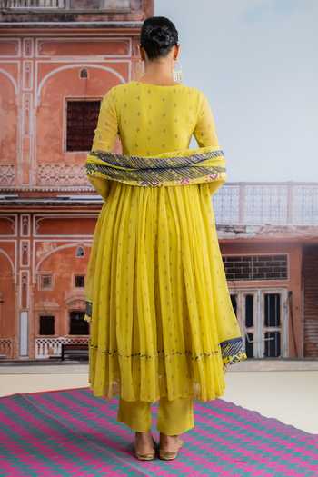 Shop_BAISE GABA_Yellow Chiffon, Muslin Leaf Neck Kairi Noor Embroidered Anarkali Set _at_Aza_Fashions
