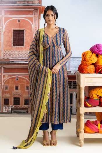 Buy_BAISE GABA_Blue Chiffon, Muslin V-neck Safira Zig Zag Print Anarkali Set _at_Aza_Fashions