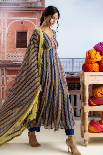 BAISE GABA_Blue Chiffon, Muslin V-neck Safira Zig Zag Print Anarkali Set _Online_at_Aza_Fashions