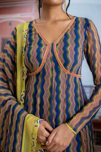 BAISE GABA_Blue Chiffon, Muslin V-neck Safira Zig Zag Print Anarkali Set _at_Aza_Fashions