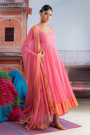 Shop_BAISE GABA_Fuchsia Chiffon, Muslin Square Neck Bindori Printed Anarkali Set _at_Aza_Fashions
